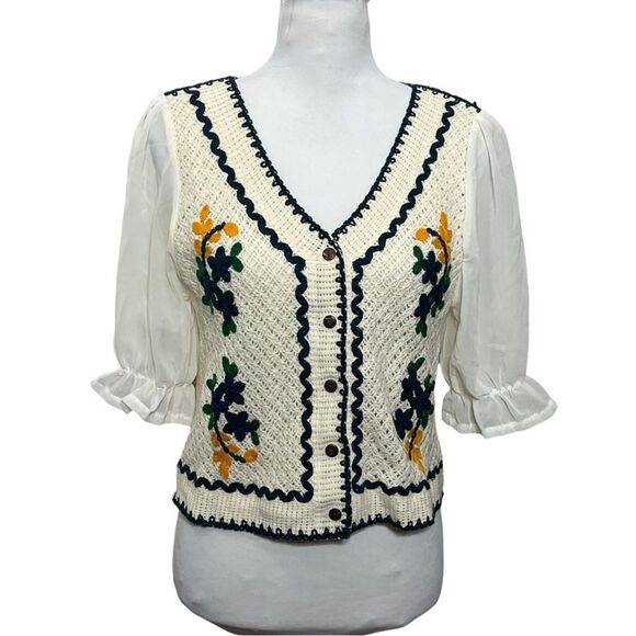 Knit Crochet Button Blouse Women’s XS White Puff Sleeve Embroidered Cottagecore - Picture 2 of 10